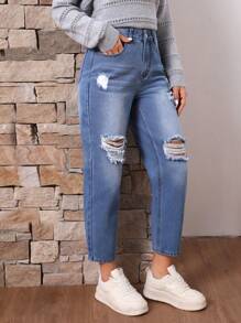 SHEIN 女士磨損洗滌貓鬍紋設計錐形牛仔褲 - 藍色 - 查看 1