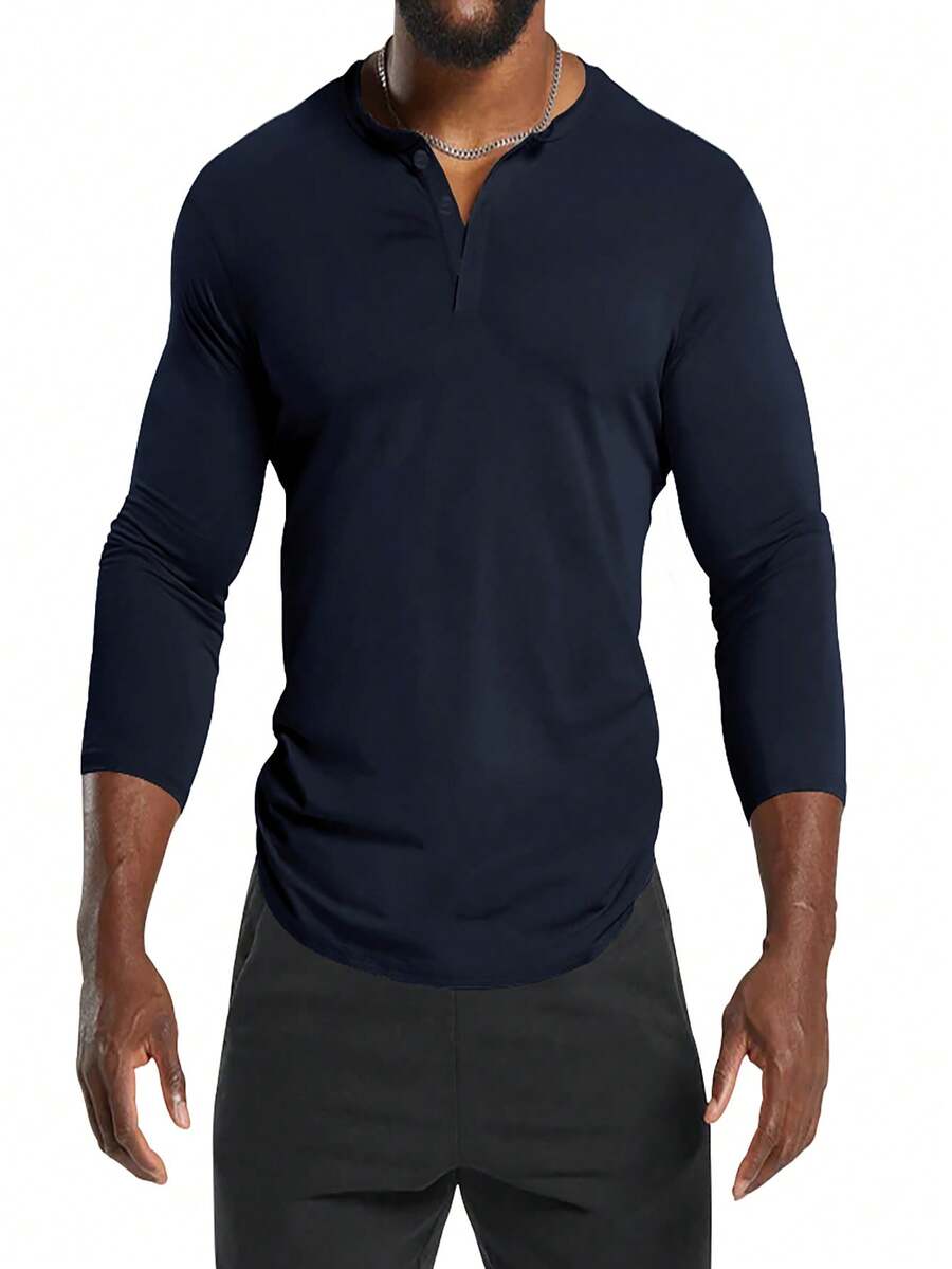 Men's Half-button T-shirt - Navy Blue - View 1