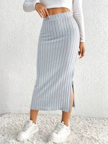 SHEIN Essnce 女士實色側開叉肋編針織裙 - 灰色 - 查看 5