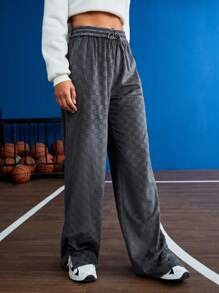 SHEIN Sports Checked Detail Drawstring Waist Sports Pants