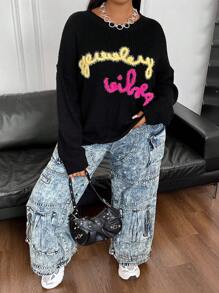 Flirla Pull ample en tricot avec imprimé lettres pour femmes grandes tailles, pull en tricot à épaules tombantes pour l'automne et l'hiver - Noir - Voir 3