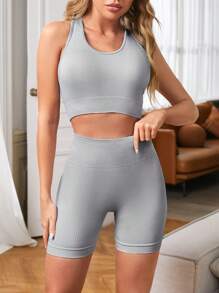Yoga Basic Seamless Ribbed Women's Yoga Set Fitness Clothing - Light Grey - View 4