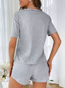 Women's Casual Knitted Light Grey Weekend Letter Print Short Sleeve Round Neck Pajama Set With Bow Detail For Lounging - Light Grey - View 2