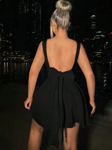 SHEIN SXY Của phụ nữ Màu thuần Đập nhẹ & Xếp li Đầm Với Nơ Thắt lưng at Trở lại Eo - màu đen - Xem 5