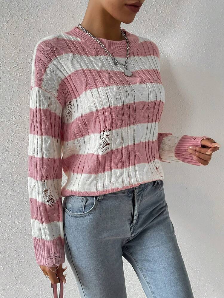 Striped Drop Shoulder Distressed Knit Pullover Fall Winter Sweater