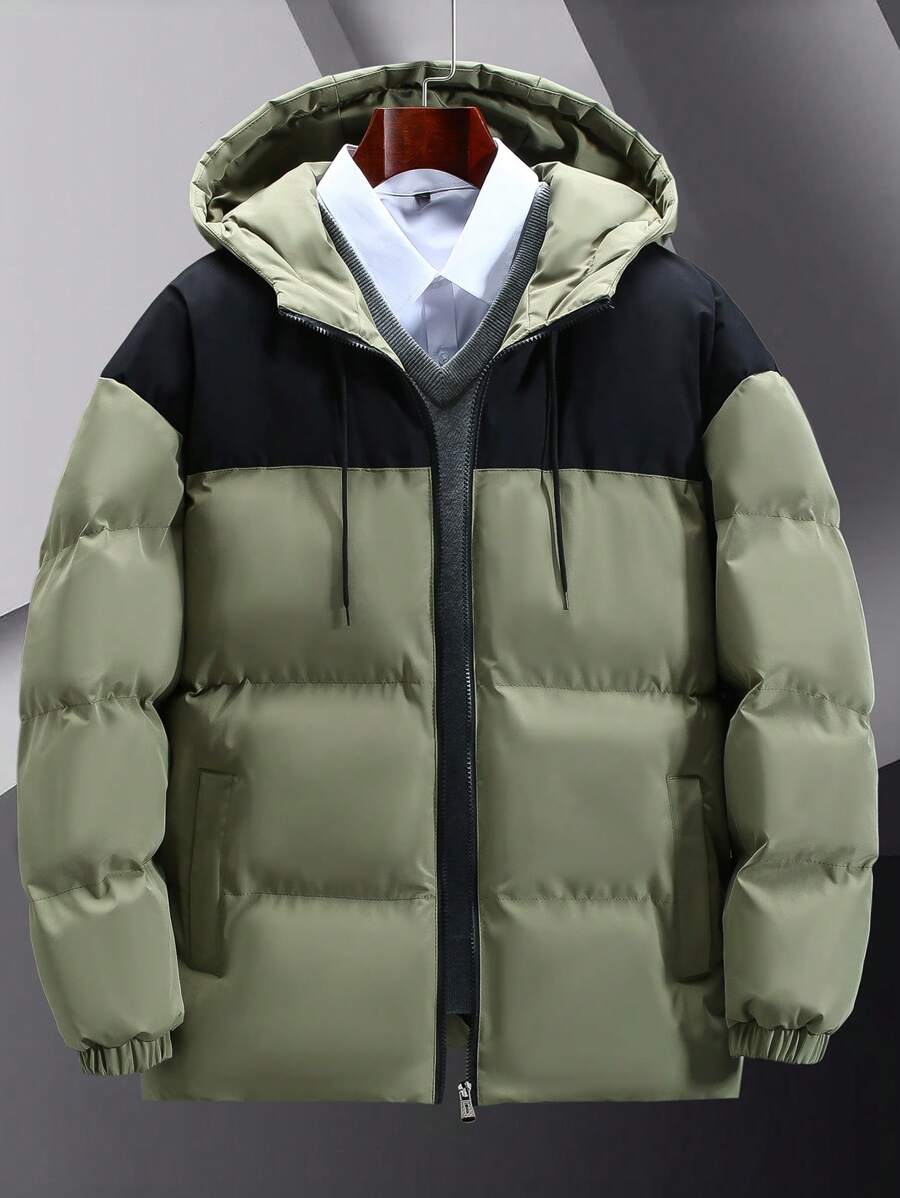 Manfinity Homme 男款拼色束腰棉衣 - 軍綠色 - 查看 1