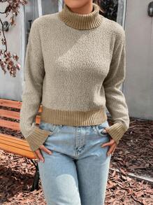 SHEIN Unity Women's Color Block Collared Casual Knit Pullover Fall Winter Sweater - Camel - View 5