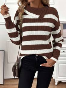 SHEIN LUNE Women's Striped Round Neck Long Sleeve Knit Pullover Fall Winter Sweater - Brown - View 1
