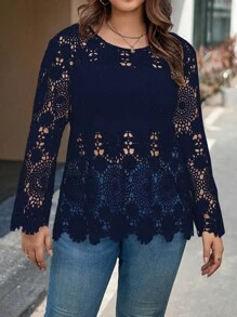 Calvaya Women's Plus Size Lace Round Neck Casual Shirt - Navy Blue - View 5