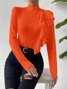 SHEIN Privé 女士立領蕾絲裝飾t恤 - 橘色 - 查看 6