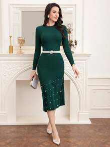 Modelyn Ladies' Slim Fit Sweater Dress With Pearl Embellishment - Green - View 3