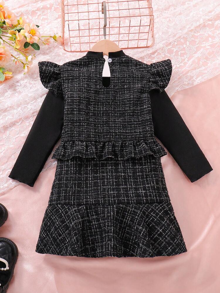 Toddler Girls' Color Block Ruffle Trimmed Dress With Bow Knot Detail, Suitable For Autumn Festival Parties