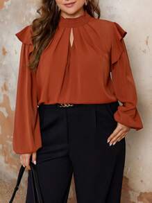 SHEIN Franclia Kích thước lớn Màu thuần Viền Ruffle Áo sơ mi - trái cam - Xem 1
