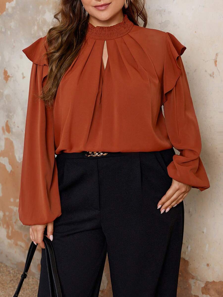 SHEIN Franclia Kích thước lớn Màu thuần Viền Ruffle Áo sơ mi - trái cam - Xem 1