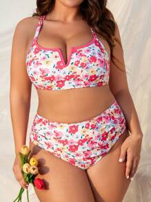 Swim Mod Plus Size Women's Floral Pattern Notched Neck Bikini Set Summer Beach - Multicolor - View 3