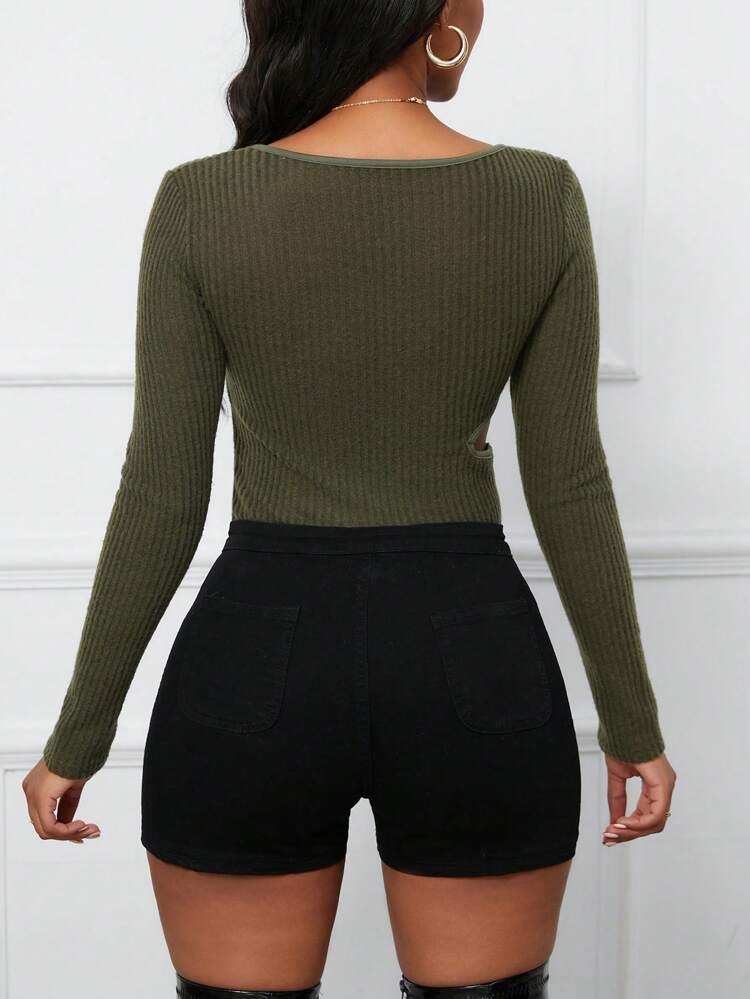 Women'S Hollow Out Cut-Outs Long Sleeve Bodysuit With Waist Belt