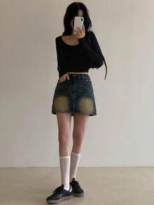 DAZY 女性純色圓領長袖t恤 - 黑色 - 查看 8