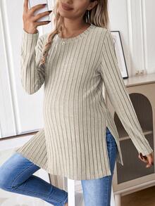 SHEIN Camiseta Premamá De Canalé Con Cuello Redondo Y Color Liso - Albaricoque - Ver 4
