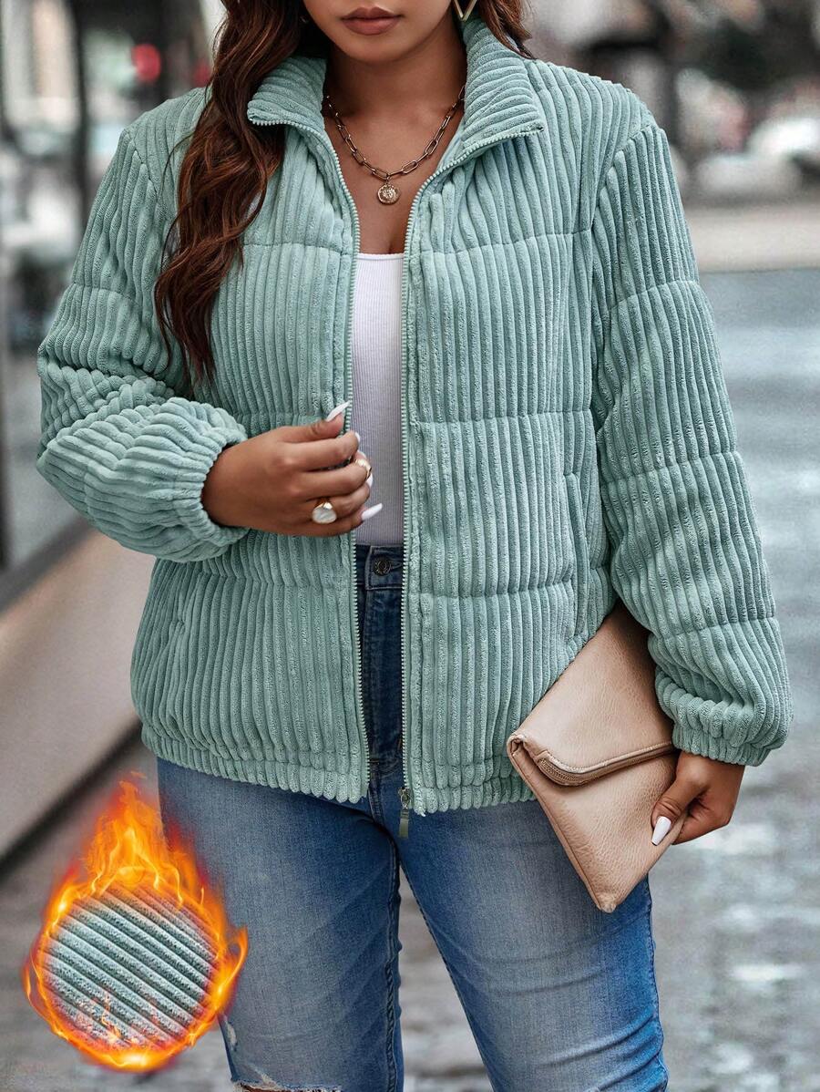 Calvaya 加斜口袋灯芯绒加厚棉服外套衣服冬季 - 綠色 - 查看 1