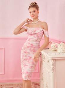 SHEIN MOD 正韻印花設計,荷葉邊設計露肩女裝連身裙 - 粉色 - 查看 4