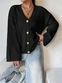 SHEIN Unity Solid Color Drop Shoulder Loose Leisure Cardigan - Black - View 6