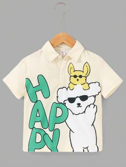SHEIN Leap Crew 男孩卡通犬和字母印花短袖polo衫