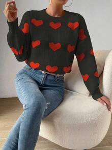 SHEIN Frenchy 女用情人節心形圖案落肩毛衣 - 黑色 - 查看 6