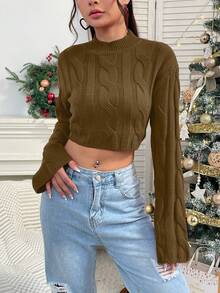 SHEIN Unity Của phụ nữ Đứng cổ áo Màu thuần Xoắn Mẫu Giải trí Áo chui đầu Áo len - Cà phê nâu - Xem 3