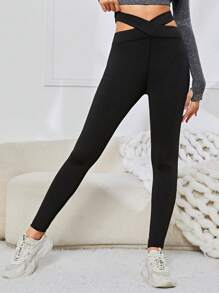 SHEIN Teen Girls' Solid Knit Cross Waist Sports Pants