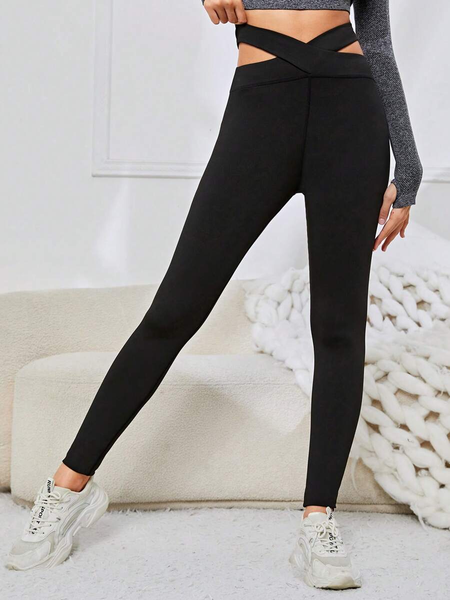 SHEIN Teen Girls' Solid Knit Cross Waist Sports Pants