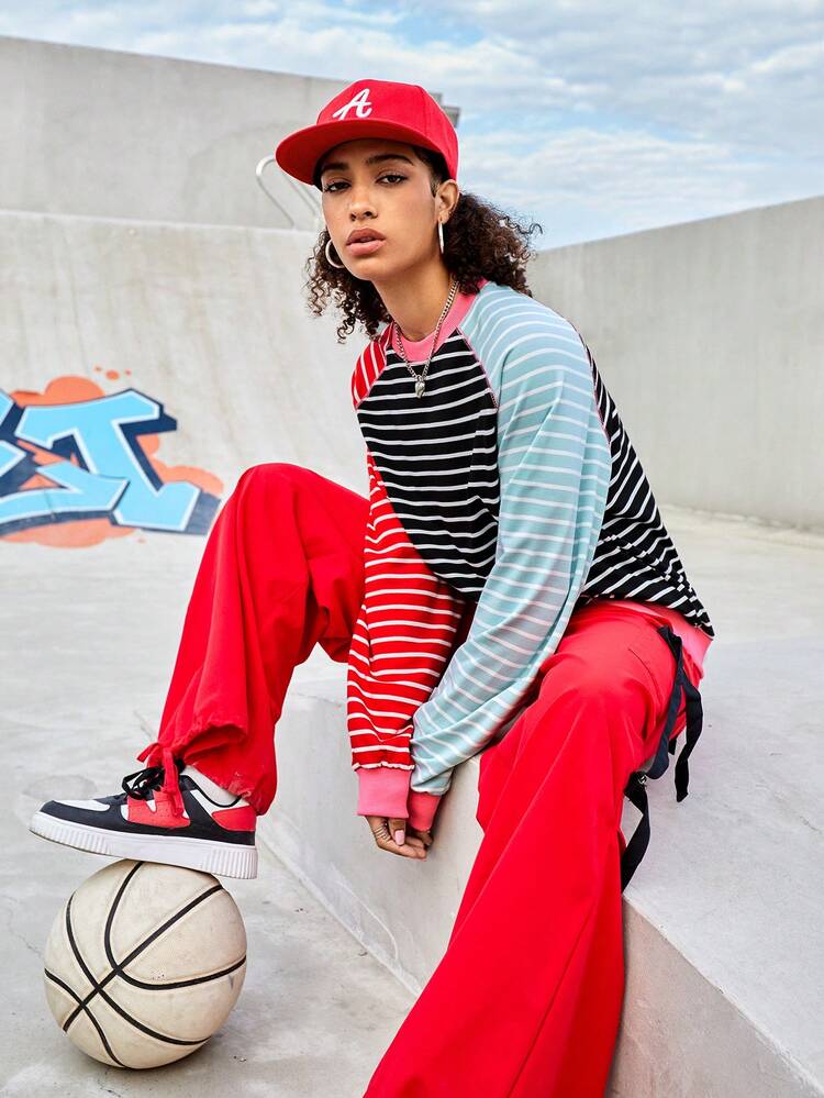 Women's Striped Raglan Sleeve Sweatshirt For Sports