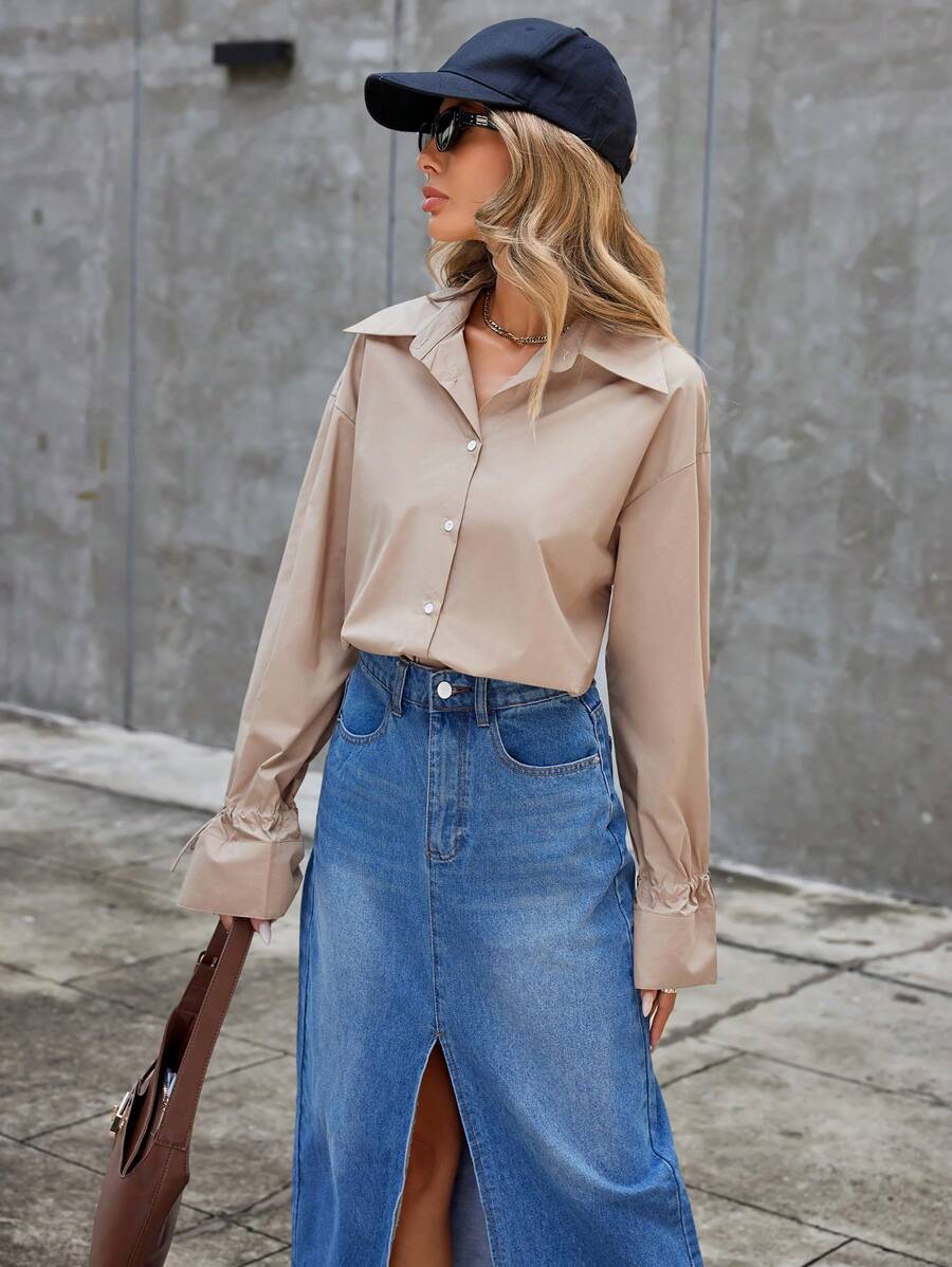 SHEIN Essnce Women's Solid Color Drop Shoulder Shirt - Khaki - View 1