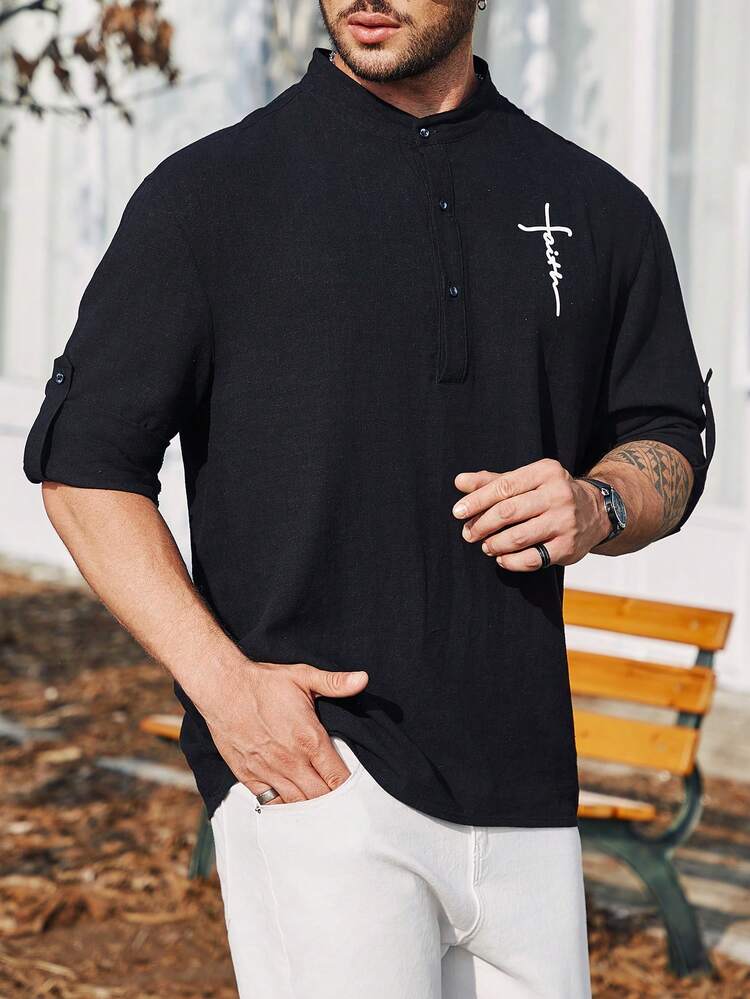 Loose Men's Plus Size Letter Printed Roll-Up Sleeve Shirt