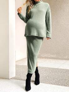 SHEIN Maternity Knit Ribbed Green Long Sleeve Top & Knee Length Skirt Two Piece Set - Green - View 4