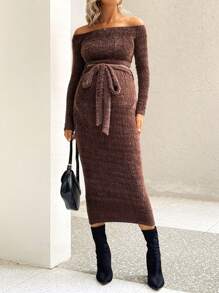 SHEIN Maternity Fashionable Off-Shoulder Top And Skirt Two Piece Set - Brown - View 6