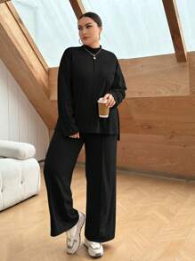SHEIN Essnce 大尺碼高領垂肩長袖t恤和褲子套裝 - 黑色 - 查看 4