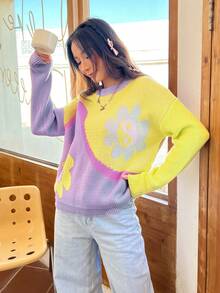 SHEIN EZwear 拼色花卉印花下垂肩毛衣 - 彩色 - 查看 4