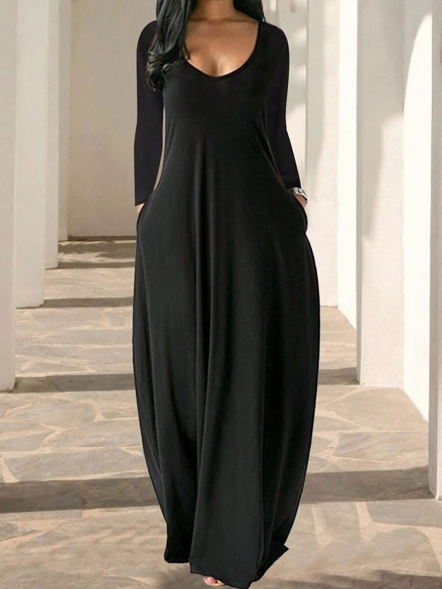 Solid Color Round Neck Shift Dress With Hidden Pockets SHEIN USA