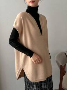 FRIFUL V領純色休閒針織背心 - 卡其色 - 查看 3