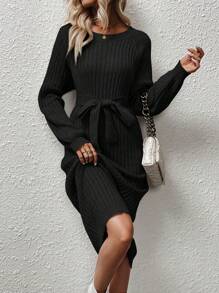 SHEIN Essnce Women'S Long Sleeve Sweater Dress With Belted Waist And Raglan Sleeve - Black - View 5
