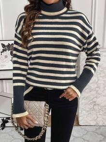 SHEIN Frenchy Striped Turtleneck Drop Shoulder Sweater - Black and White - View 5