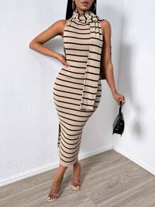 Zolique Long Sweater Dress For Women With A Scarf - Khaki - View 6