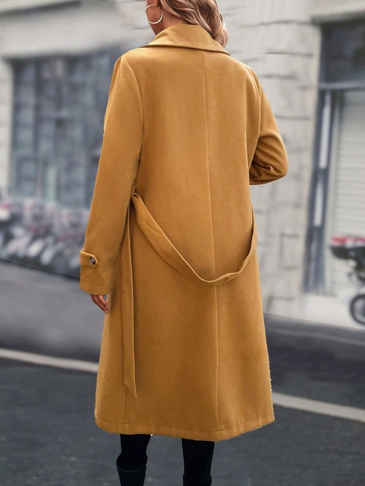 Turn-down Collar Double Breasted Coat With Belt