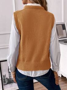 SHEIN LUNE Của phụ nữ Màu thuần Áo len vest - Màu Khaki - Xem 2