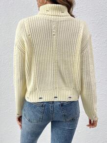 SHEIN LUNE 女士高领落肩针织套头衫秋冬毛衣 - 米色 - 查看 2
