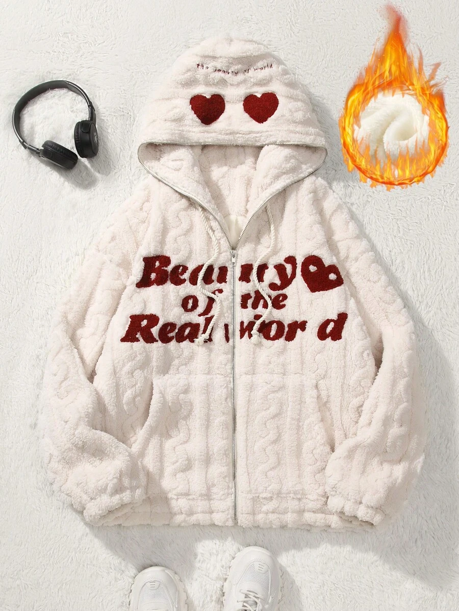 Muchica Dây kéo Khép kín áo có mũ Áo Teddy Jackets
   Với Túi kangaroo , Slogan Và Thêu trái tim - Màu be - Xem 1