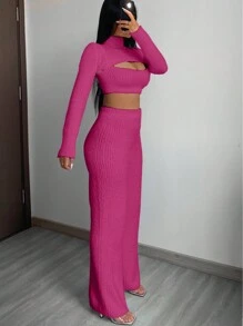 SHEIN SXY 3 cái/bộ Siêu Ngắn Áo len dệt kim , Knit ngọn Và Đan Quần ống rộng Bộ - Màu Hồng Tươi - Xem 4