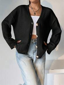 SHEIN Unity Solid Color Drop Shoulder Loose Leisure Cardigan - Black - View 5