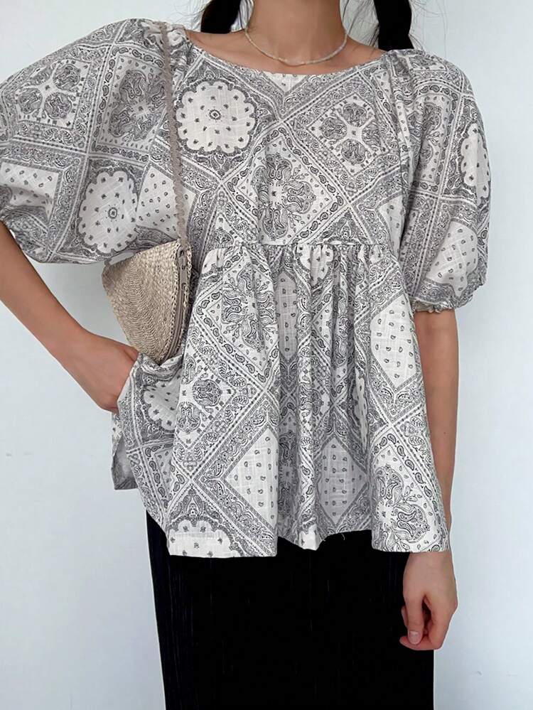 Ladies' Paisley Print Puff Sleeve Blouse Vacation Outfits Women Boho