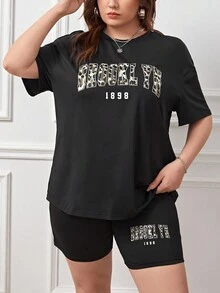 SHEIN EZwear Của phụ nữ Kích thước lớn In hoa Báo Lá thư In Áo thun Và Bộ quần short - màu đen - Xem 5